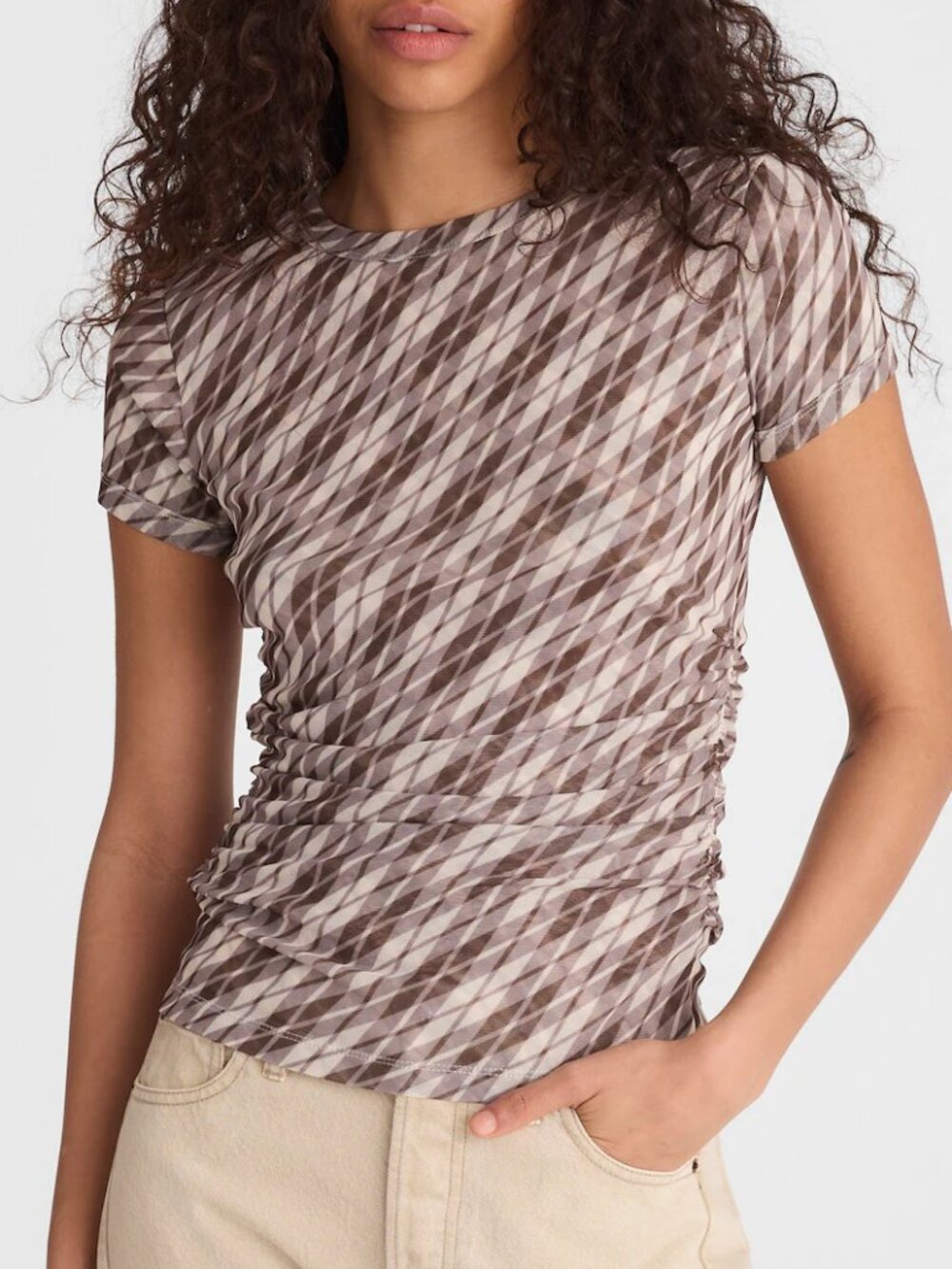 Madewell Ruched Mesh Plaid Print Cap Sleeve Tee Brown Size S NWT FLAWED